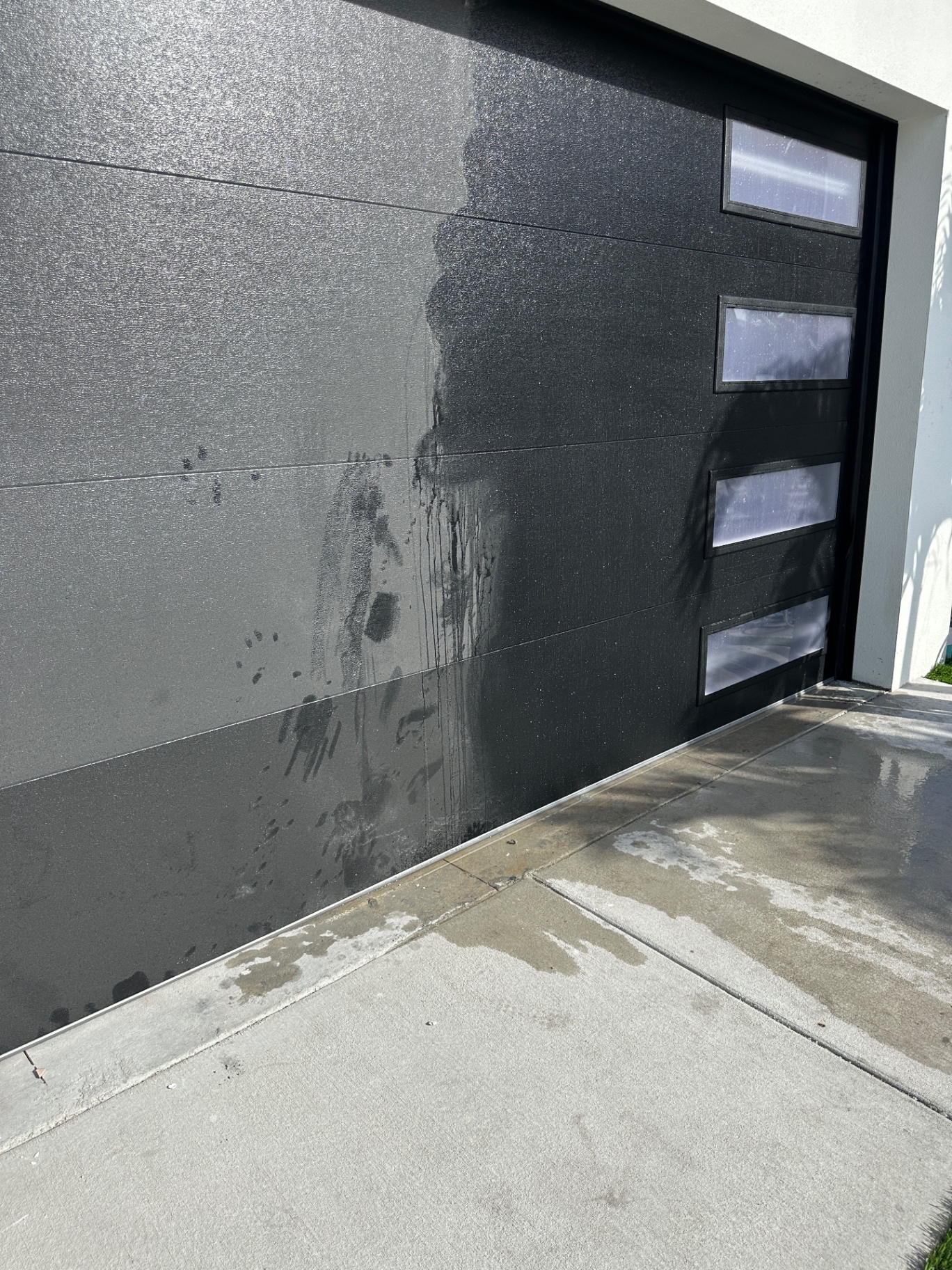 Black garage door — soft wash in progress